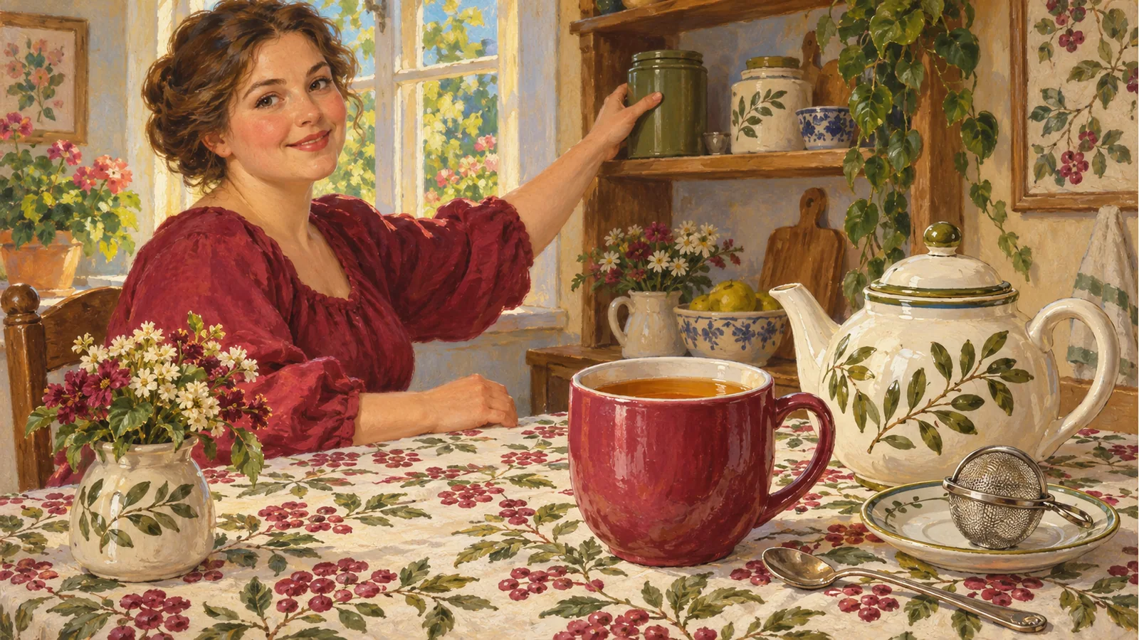 A woman at a sunlit kitchen table with a berry-red mug, floral teapot and a closed olive tea tin.